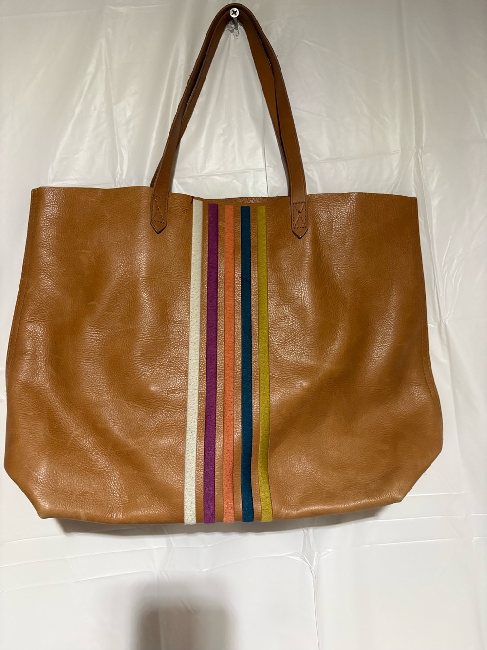 Madewell Cognac Leather Tote with Multicolor Stripe Detail